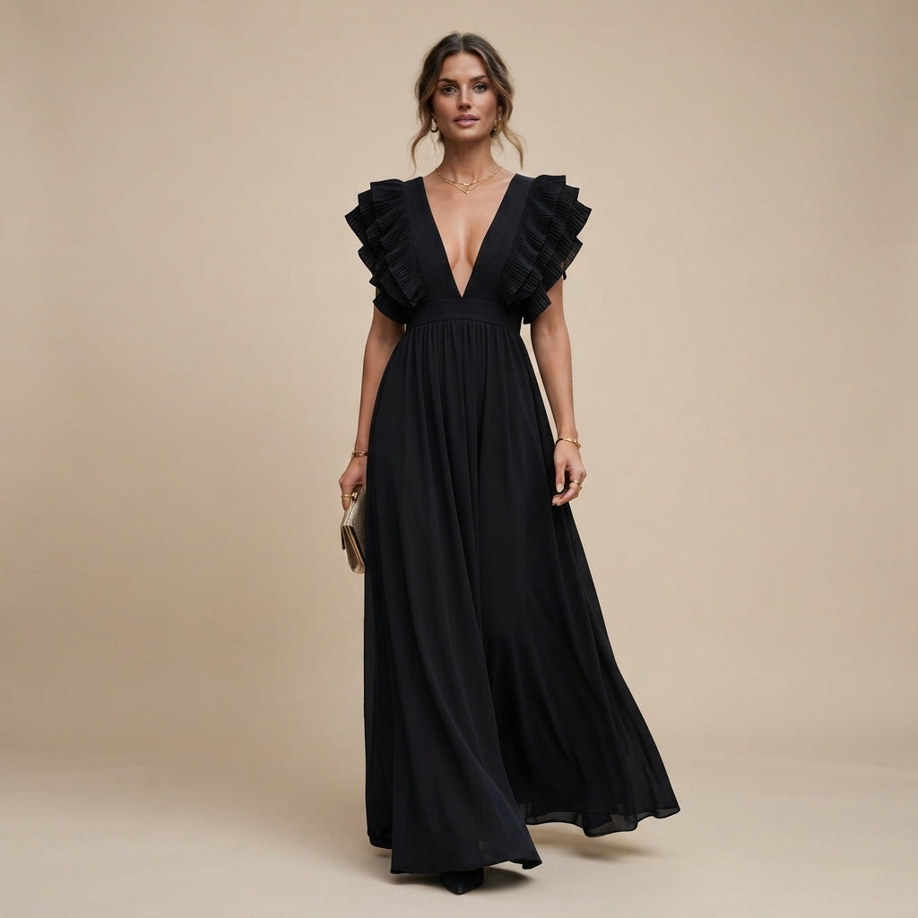 Zhallie - Elegant Ruffle-Sleeve Long Dress