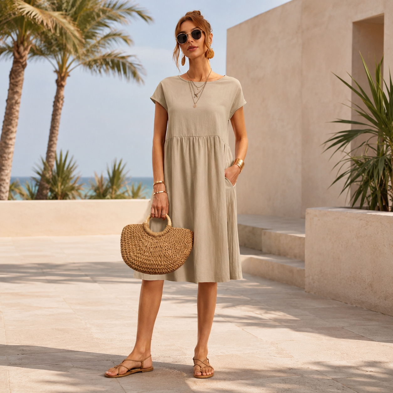 Shamzi - Sleek Round-Neck Midi Dress