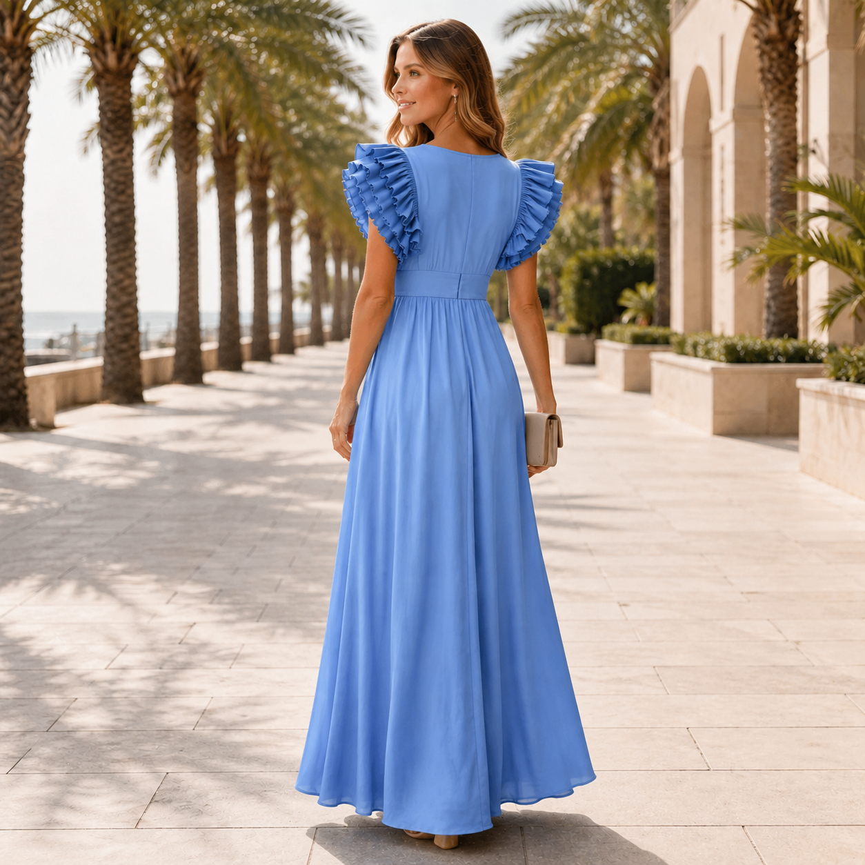 Zhallie - Elegant Ruffle-Sleeve Long Dress