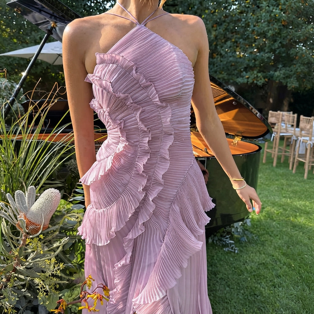 Khatereh - Elegant Ruffles and Halterneck Midi Dress