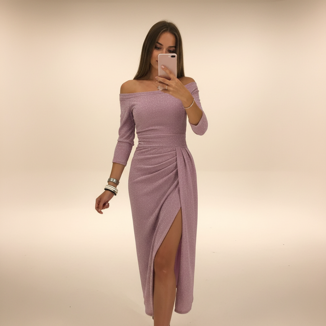 Christy - Sophisticated Shoulder-Baring Midi Dress