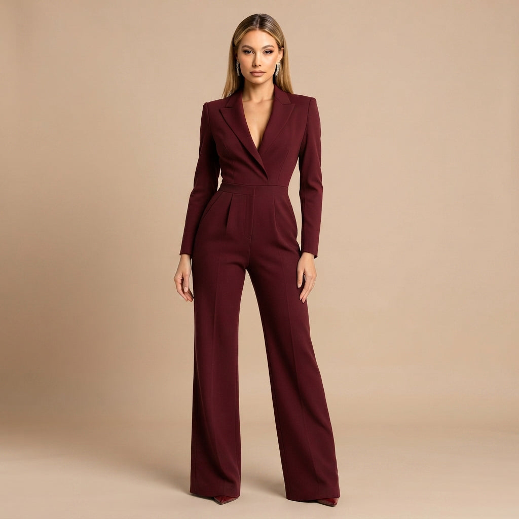 Elnaz - Stylish V-Neck and Wide-Leg Jumpsuit