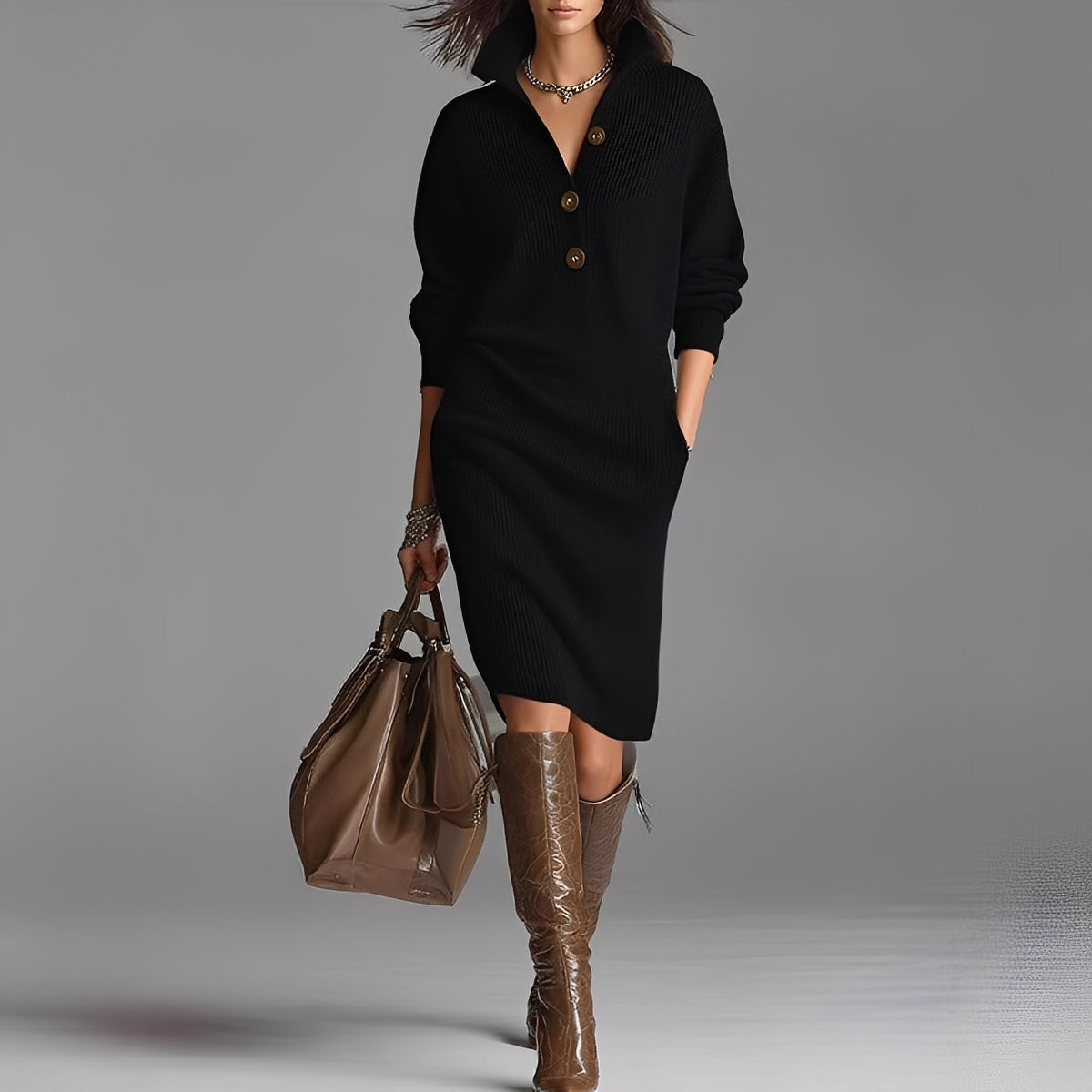 Camryn - Long-sleeve women's dress with buttons and collar
