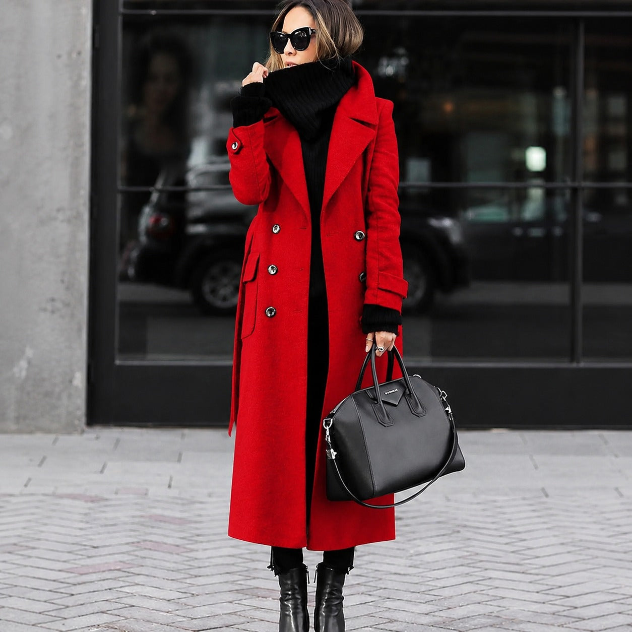 Helene - Long tailored women's coat with double button closure