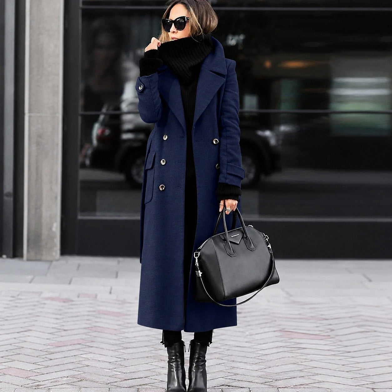 Helene - Long tailored women's coat with double button closure