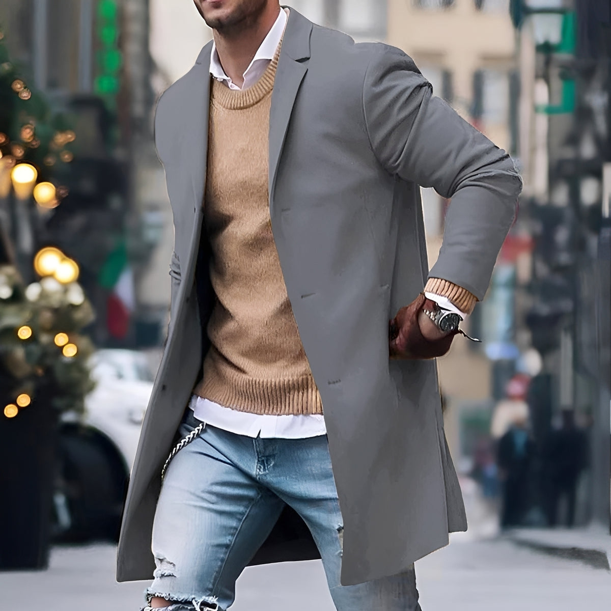 Men's Mid-Length Single Breasted Coat with Notch Lapel - Fitted Silhouette
