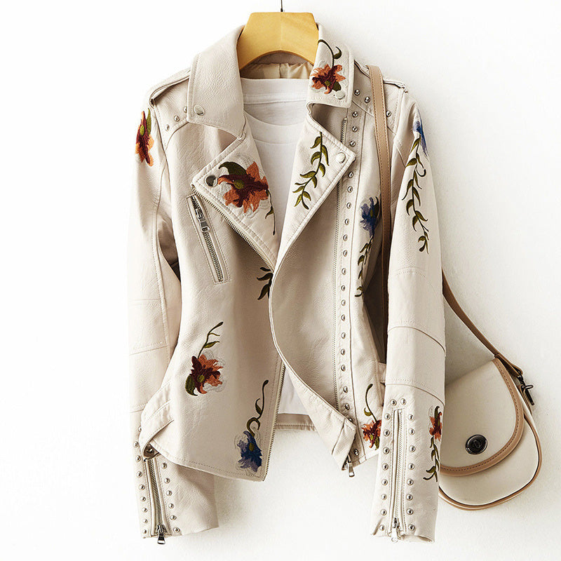 Biker Jacket for Women with Floral Embroidery and Stud Accents - Slim Fit