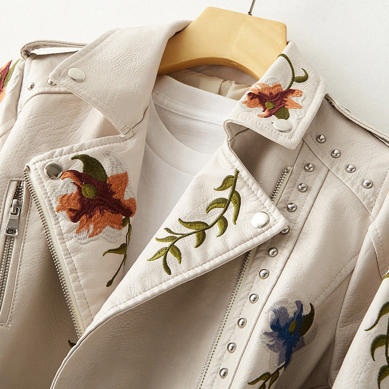 Biker Jacket for Women with Floral Embroidery and Stud Accents - Slim Fit