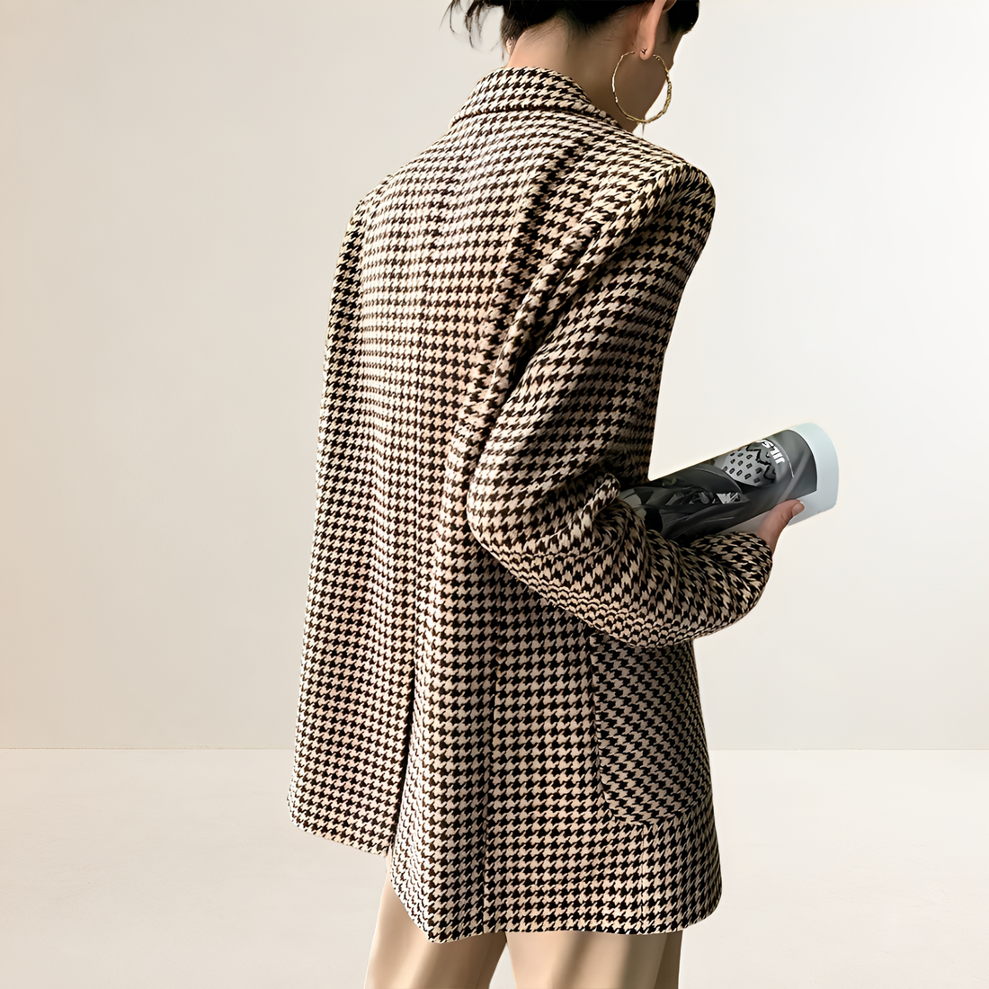 Blazer for Women Houndstooth Pattern Long Sleeve with Belt Regular Fit