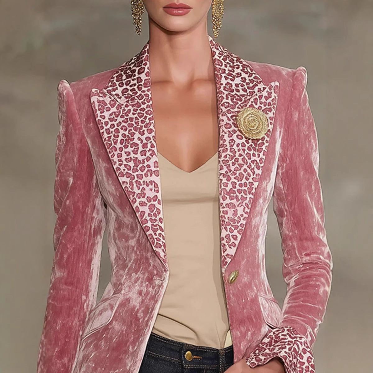 Blazer for Women Leopard Print Contrast Lapel Ruffled Cuffs Regular Fit