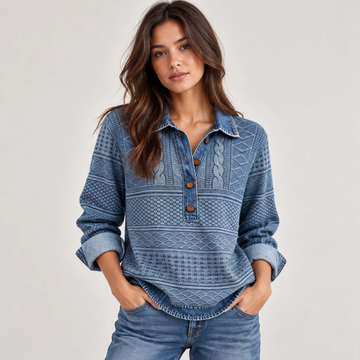 Blouse for Women, Contrast Collar & Cuff, Long Sleeve with Partial Button Placket, Relaxed Fit