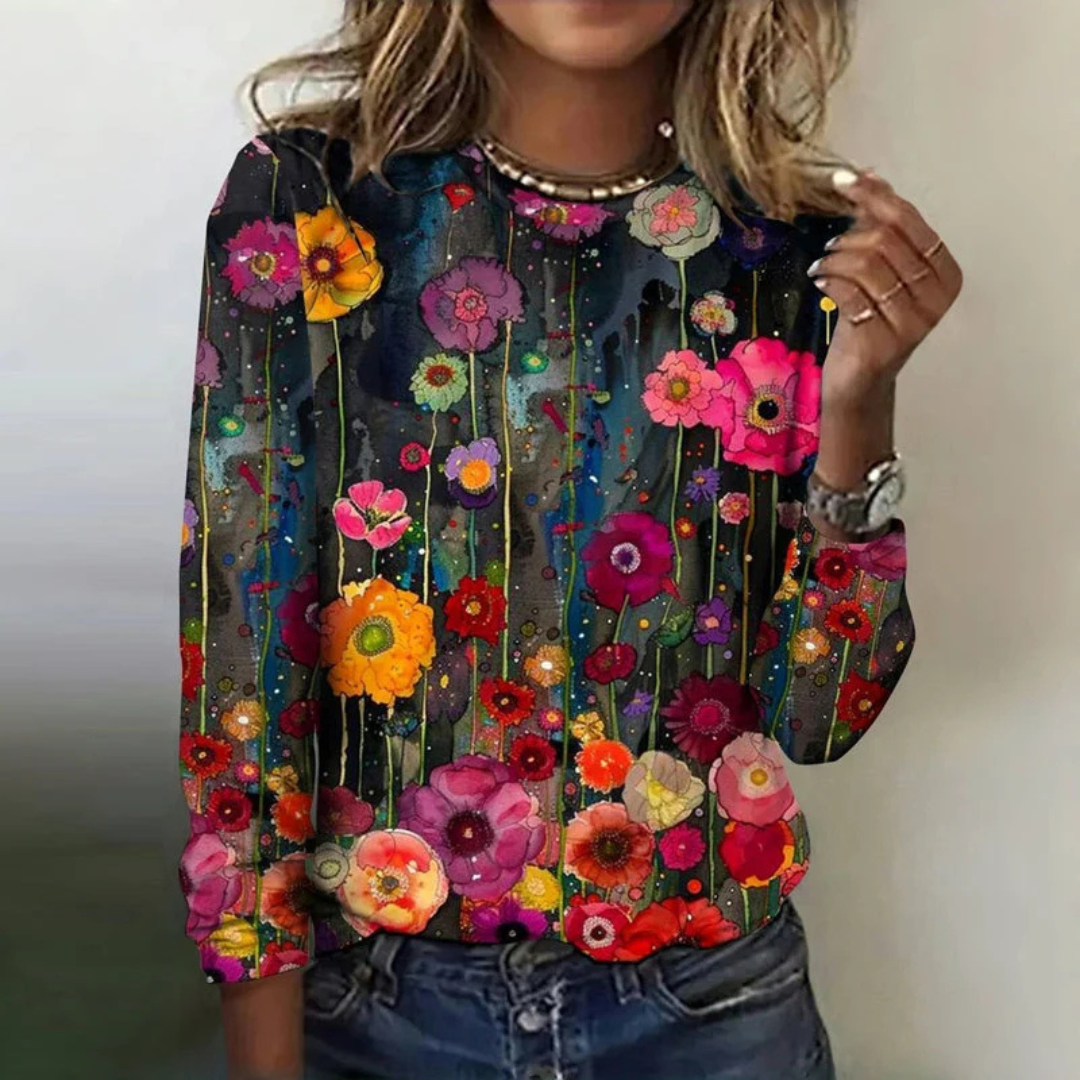 Blouse for women long-sleeve round-neck pullover relaxed fit floral print