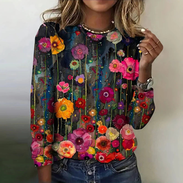 Blouse for women long-sleeve round-neck pullover relaxed fit floral print