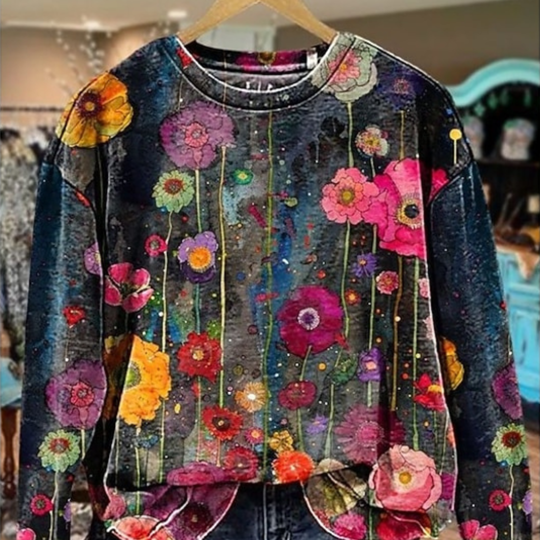 Blouse for women long-sleeve round-neck pullover relaxed fit floral print