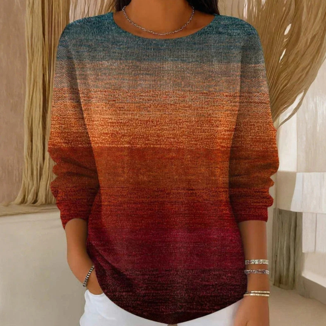 Blouse Women Long-Sleeve Round Neck Pullover Relaxed Fit Curved Hem