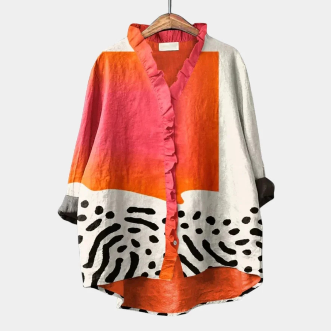 Blouse Women's Ruffle V-Neck Button-Front Long-Sleeve Relaxed Fit High-Low Hem