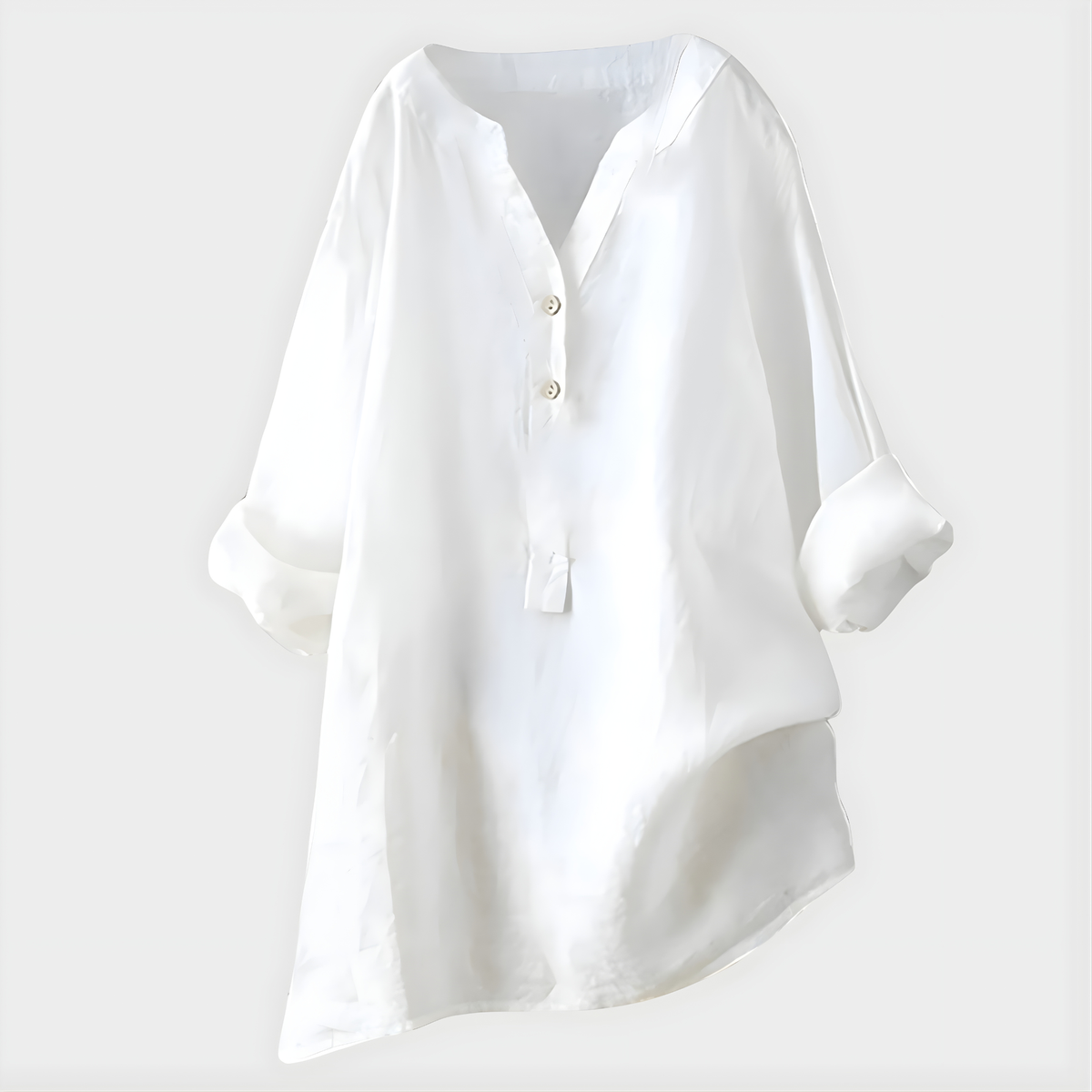 Blouse - Women's V-neck Tunic with 3-Button Placket, Long Roll-Cuff Sleeves, Relaxed Fit, Asymmetric Hem