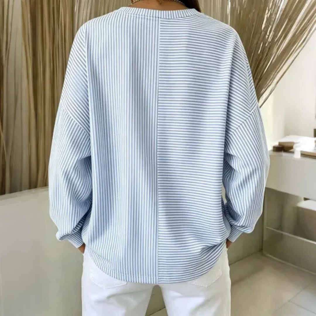 Blouse Women Striped Button-Placket Round Neck Long Sleeve Relaxed Fit Curved Hem