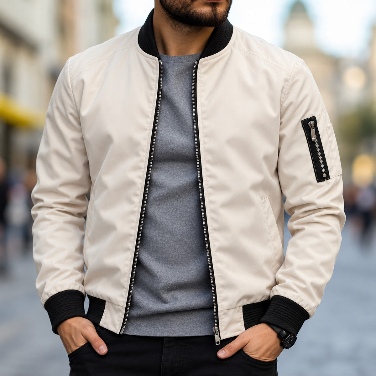 Bomber Jacket for Men - Classic Fit with Ribbed Cuffs and Zipper Closure