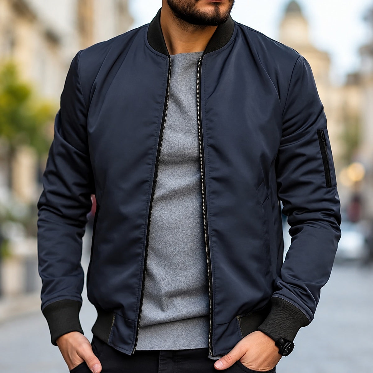 Bomber Jacket for Men - Classic Fit with Ribbed Cuffs and Zipper Closure