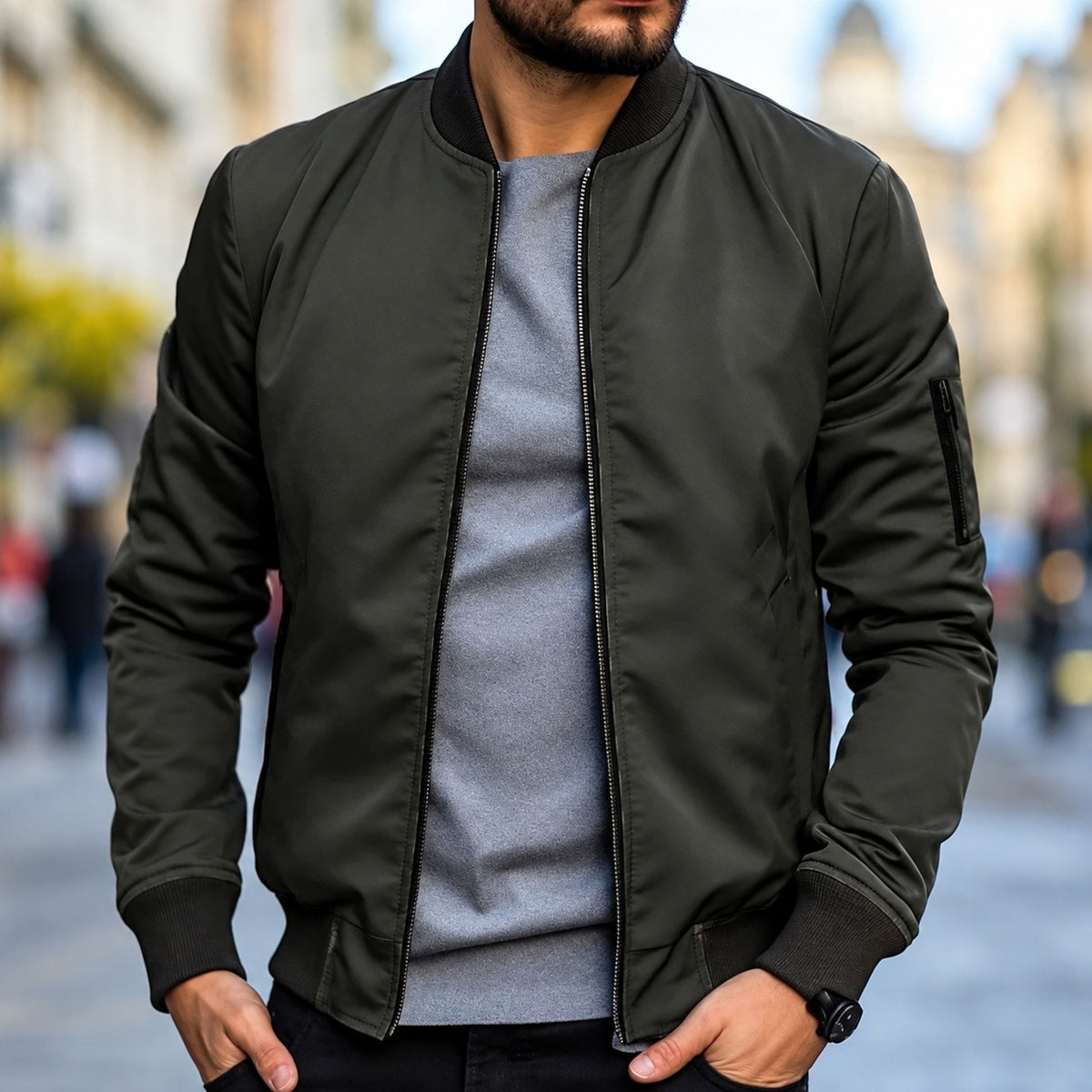 Bomber Jacket for Men - Classic Fit with Ribbed Cuffs and Zipper Closure