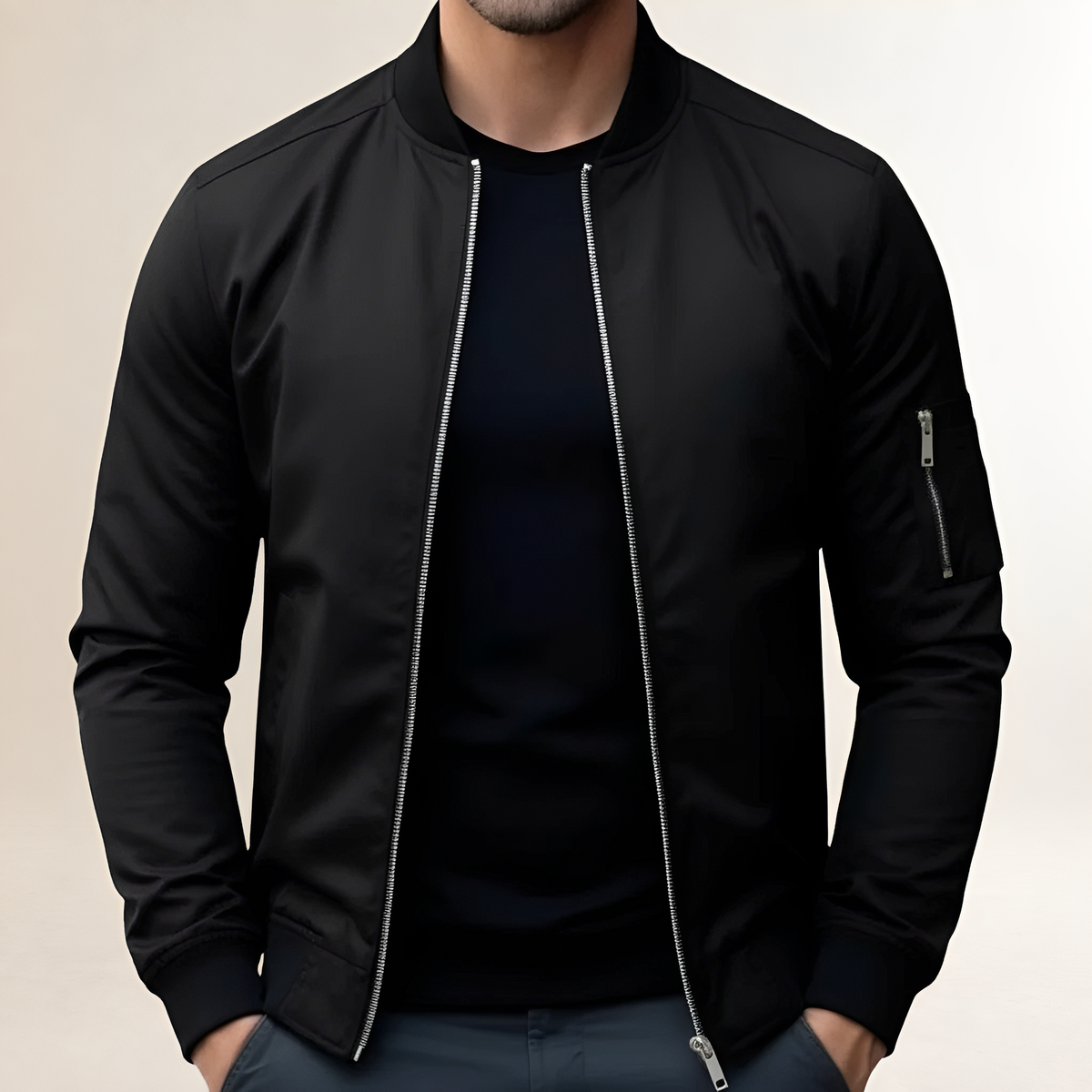 Bomber Jacket for Men - Slim Fit with Zip Closure and Sleeve Pocket