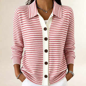 Cardigan for Women Collared Button-Front Striped Long Sleeve Hip-Length Relaxed Fit