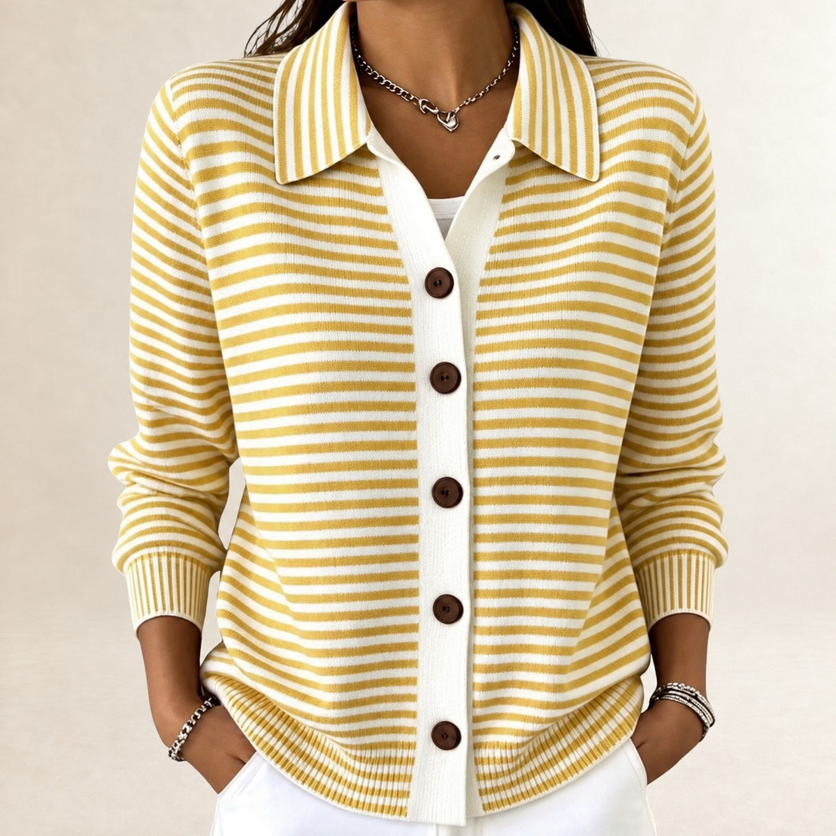 Cardigan for Women Collared Button-Front Striped Long Sleeve Hip-Length Relaxed Fit