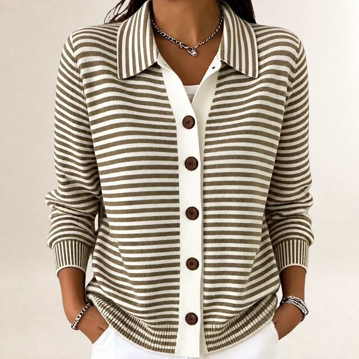 Cardigan for Women Collared Button-Front Striped Long Sleeve Hip-Length Relaxed Fit