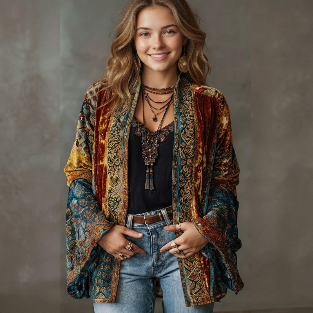 Cardigan - Women's Embroidered Boho Kimono, Open Front, Long Wide Sleeves, Relaxed Fit