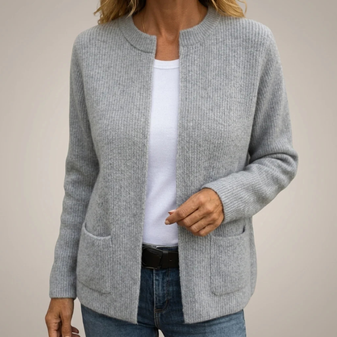 Cardigan - Women's Open-Front Long-Sleeve with Patch Pockets, Relaxed Hip-Length