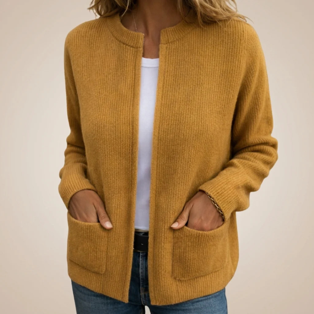 Cardigan - Women's Open-Front Long-Sleeve with Patch Pockets, Relaxed Hip-Length