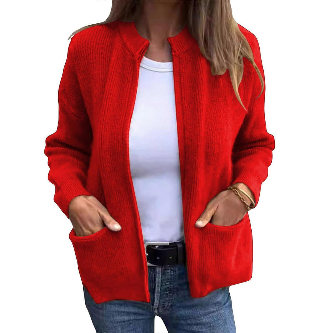 Cardigan - Women's Open-Front Long-Sleeve with Patch Pockets, Relaxed Hip-Length