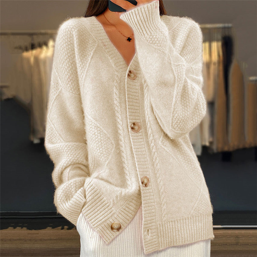 Cardigan - Women's V-neck Button-Front with Cable Trim & Diamond Textured Panels, Ribbed Cuffs, Relaxed Fit