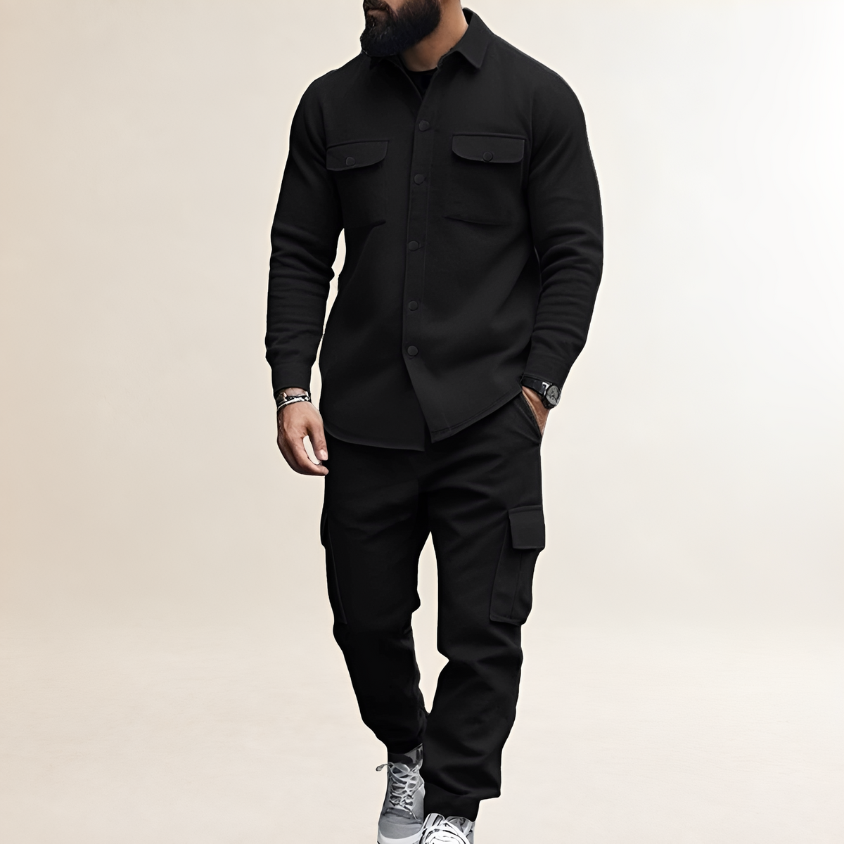 Cargo Set for Men - Button Closure Top with Chest Pockets and Elastic Waist Pants