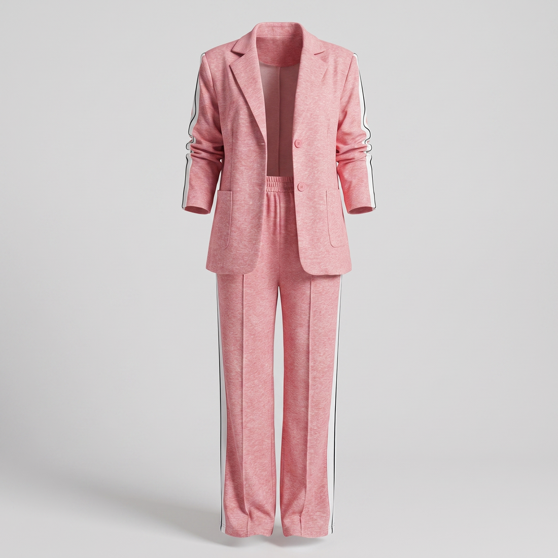 Casual Office Suit for Women - Two-Piece Blazer and Wide Leg Trousers with Side Stripe Detail