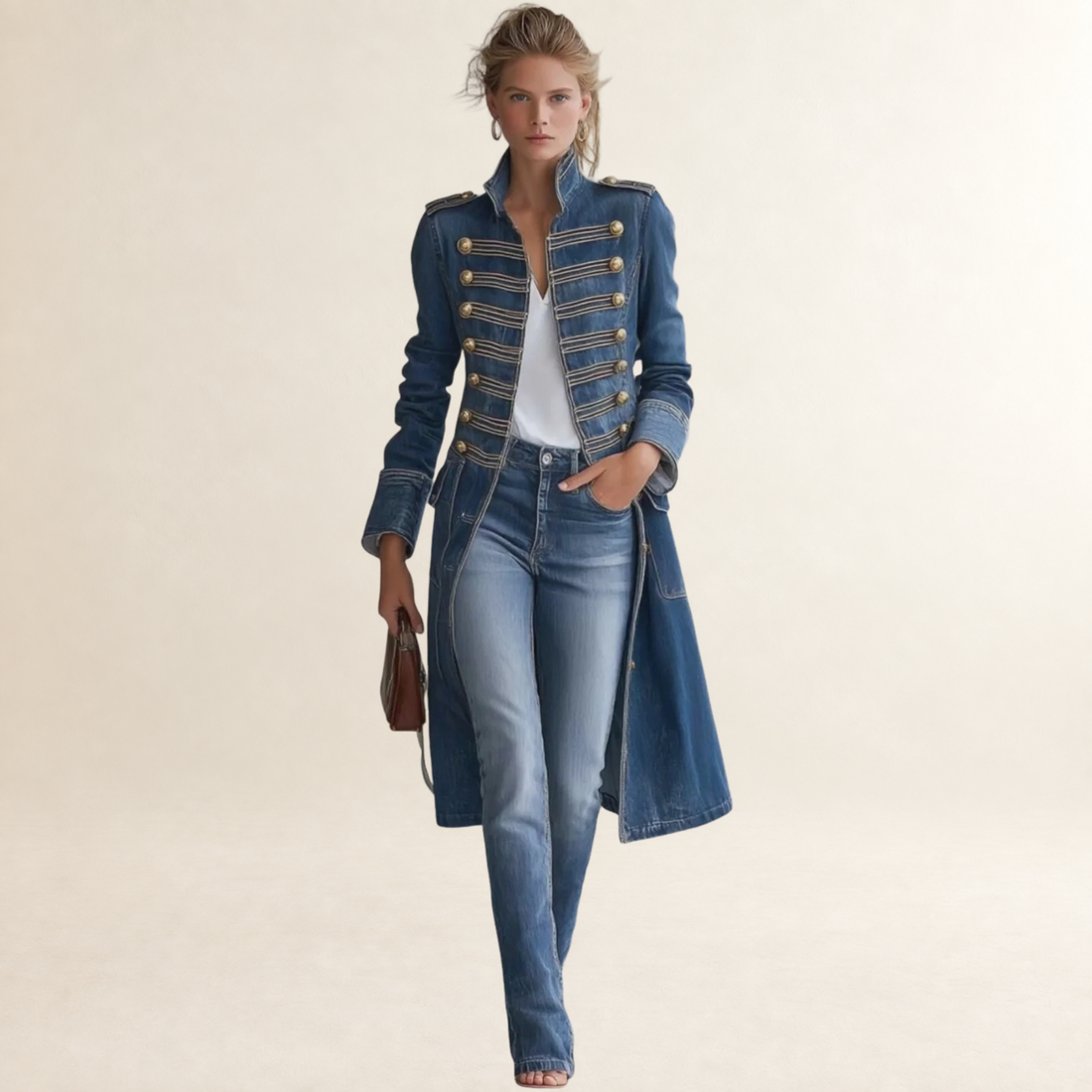 Coat for Women Military-Style Longline with Gold Buttons - Tailored Fit