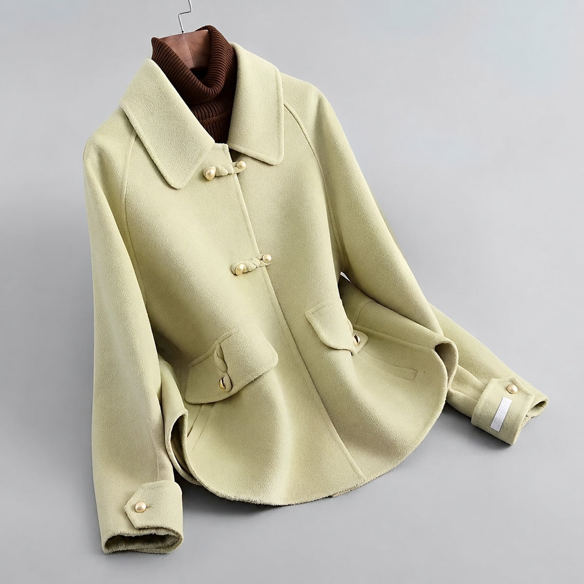 Coat for Women with Pearl Button Closure and Distinctive Collar - Relaxed Fit
