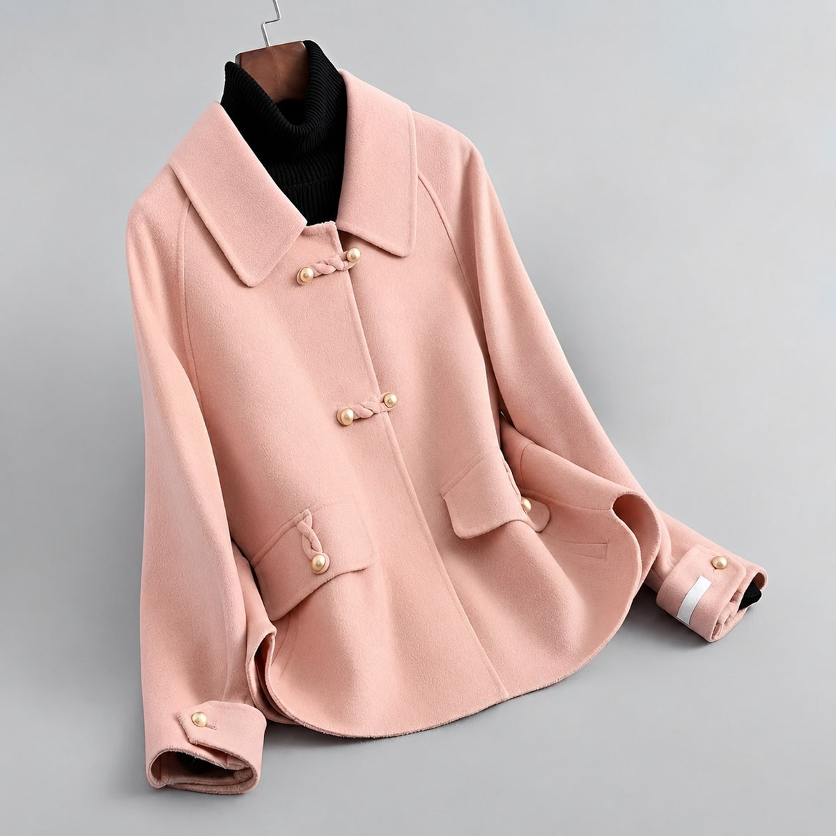 Coat for Women with Pearl Button Closure and Distinctive Collar - Relaxed Fit
