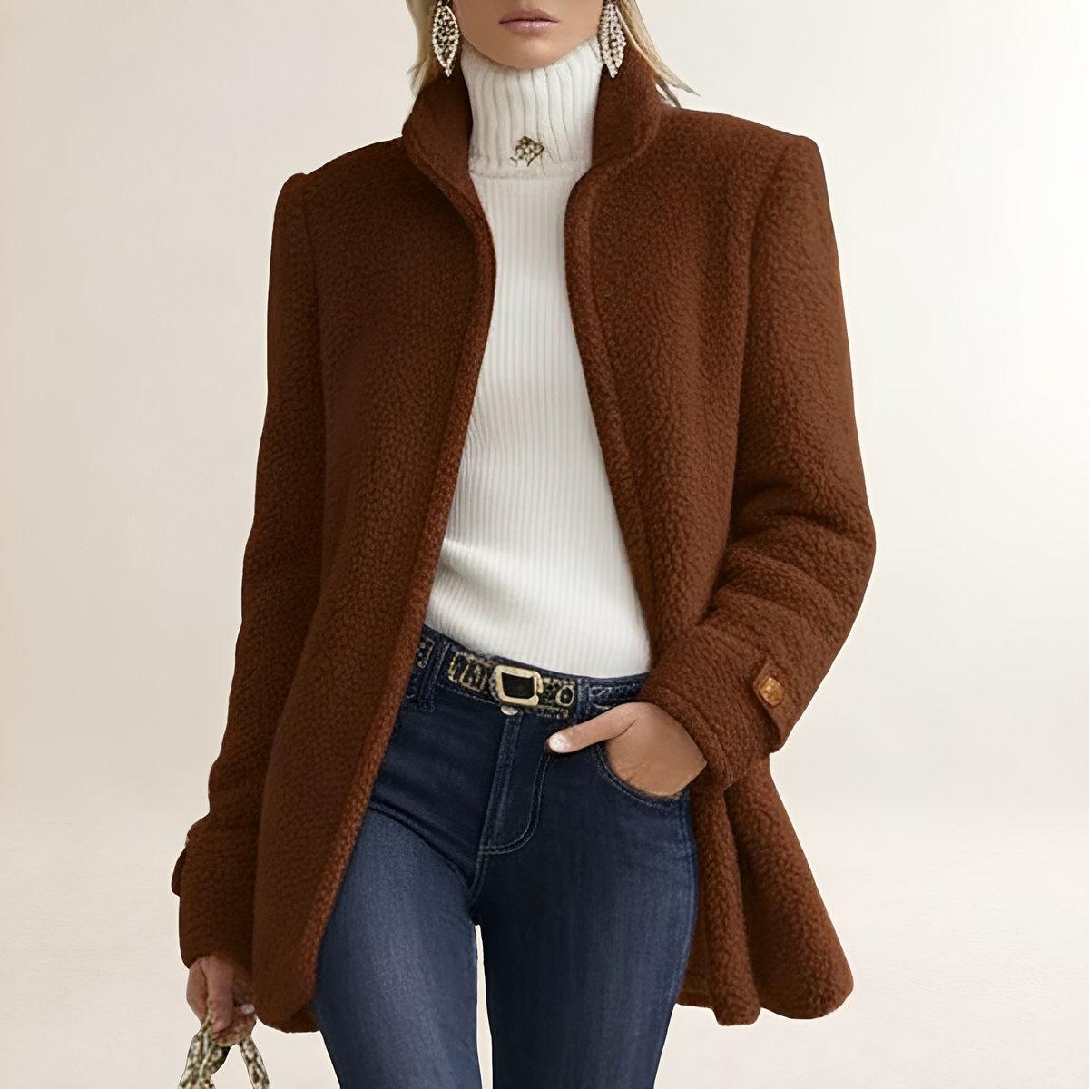 Coat Women Zip-Up with Stand Collar and Pockets - Regular Fit Ribbed Design
