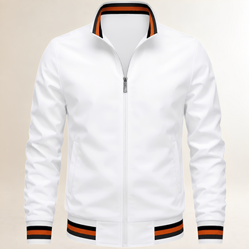 Dapper Jacket Men's bomber-style zip-front with stand collar, striped ribbed cuffs & hem, side pockets, regular fit