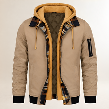 Dapper Jacket - Men's Dual-Layer Hooded Bomber with Arm Zip Pocket and Plaid Lining, Regular Fit