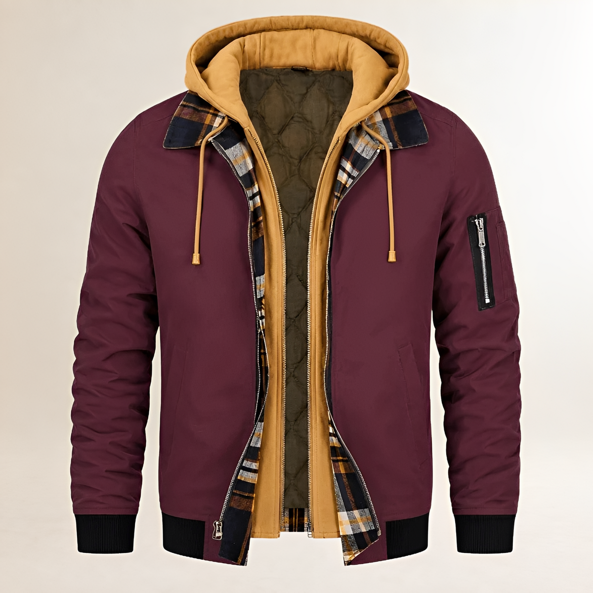 Dapper Jacket - Men's Dual-Layer Hooded Bomber with Arm Zip Pocket and Plaid Lining, Regular Fit