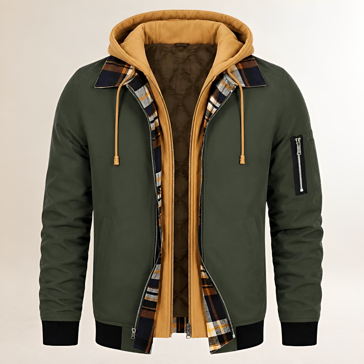 Dapper Jacket - Men's Dual-Layer Hooded Bomber with Arm Zip Pocket and Plaid Lining, Regular Fit