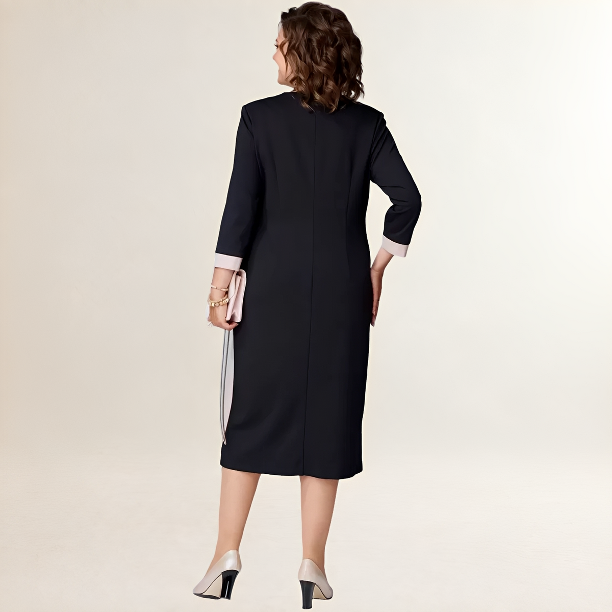 Dress for Women V-neck Midi with Contrast Paneling, 3/4 Sleeves, Shaping Fit