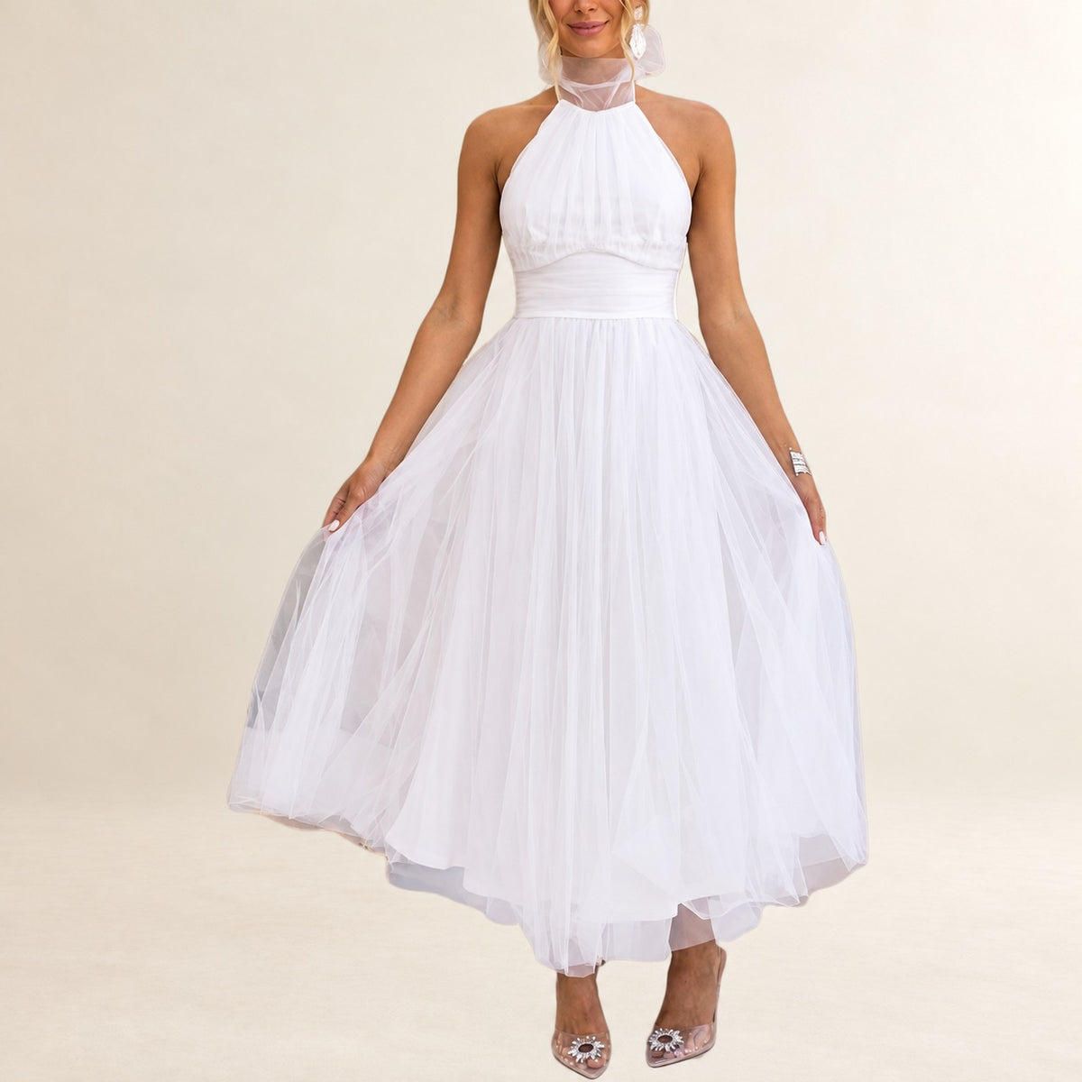 Dress Women's halter maxi with adjustable tie neckline, gathered bodice, ruched waist, full A-line ankle-length, invisible back zip