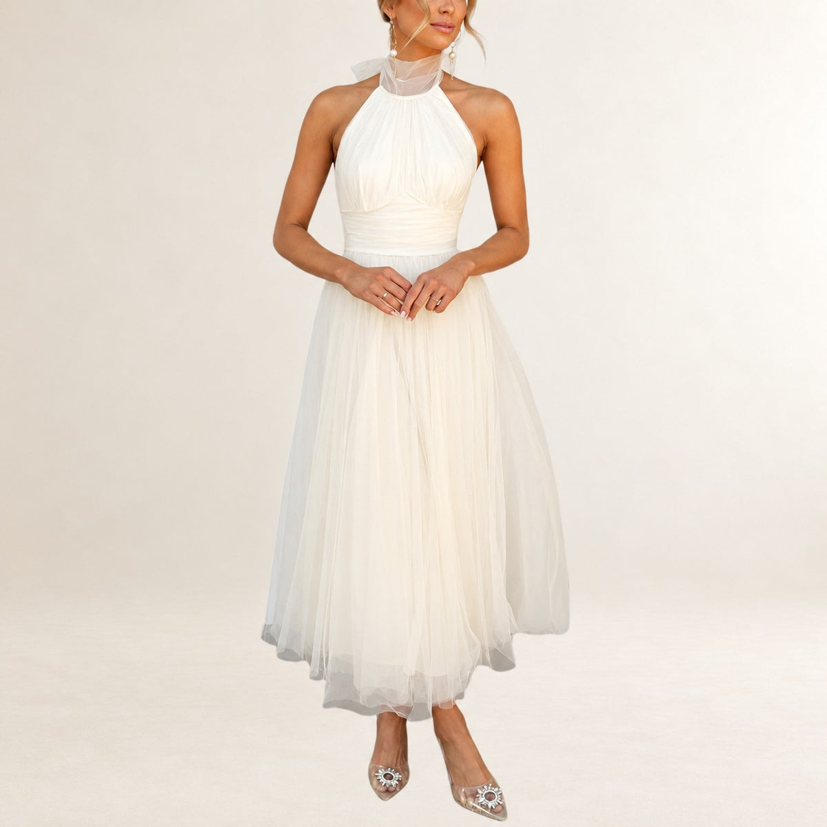 Dress Women's halter maxi with adjustable tie neckline, gathered bodice, ruched waist, full A-line ankle-length, invisible back zip