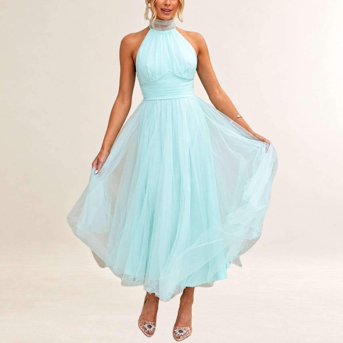 Dress Women's halter maxi with adjustable tie neckline, gathered bodice, ruched waist, full A-line ankle-length, invisible back zip