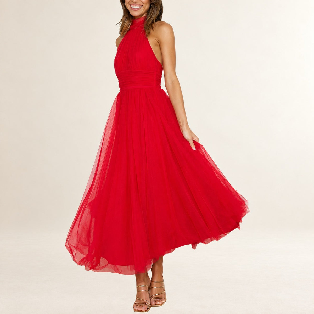 Dress Women's halter maxi with adjustable tie neckline, gathered bodice, ruched waist, full A-line ankle-length, invisible back zip