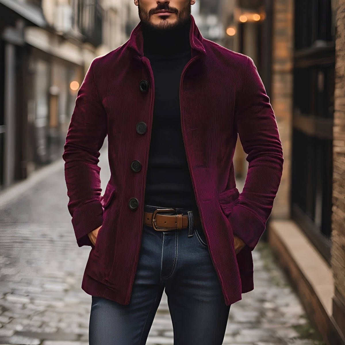 Fashion Jacket Peacoat Men Stand Collar with Button Closure - Slim Fit